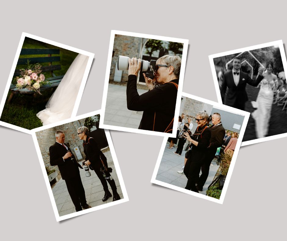 Montage de photos de Blanche Photographe en action lors d'un mariage. Avantage d'avoir deux photographes pour votre mariage.